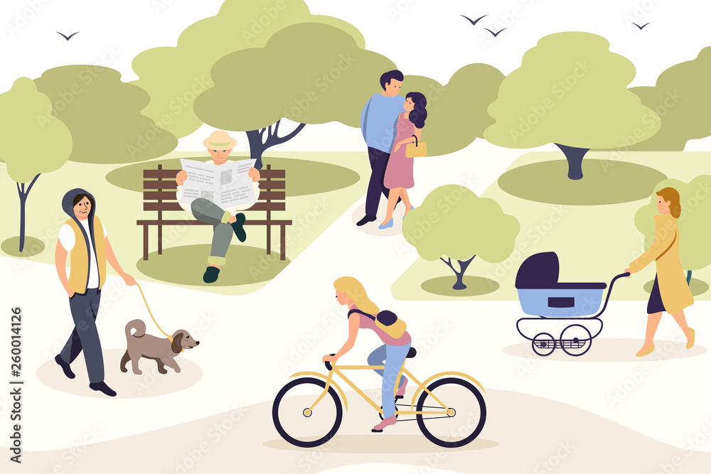 People relaxing in park flat vector illustration