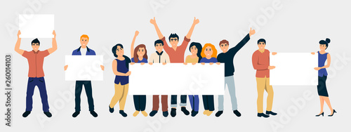 People holding placards flat illustrations set