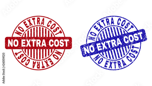 Grunge NO EXTRA COST round stamp seals isolated on a white background. Round seals with grunge texture in red and blue colors.