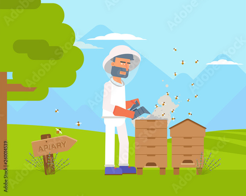 Bee fumigation, smoking flat vector illustration