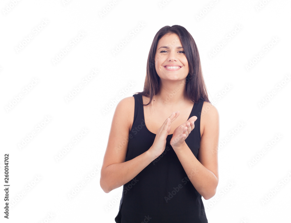 beautiful brunette woman in black dress who applauds beautiful brunette woman in black dress who applauds