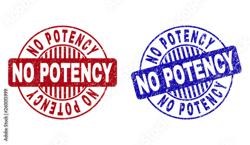 Grunge NO POTENCY round stamp seals isolated on a white background. Round seals with distress texture in red and blue colors.