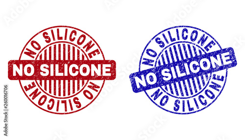 Grunge NO SILICONE round stamp seals isolated on a white background. Round seals with grunge texture in red and blue colors.