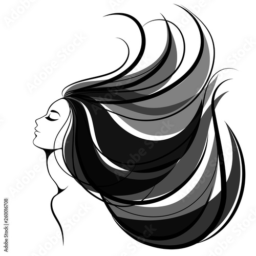 Woman face with chic long hair. Vector fashion illustration. Woman black silhouette