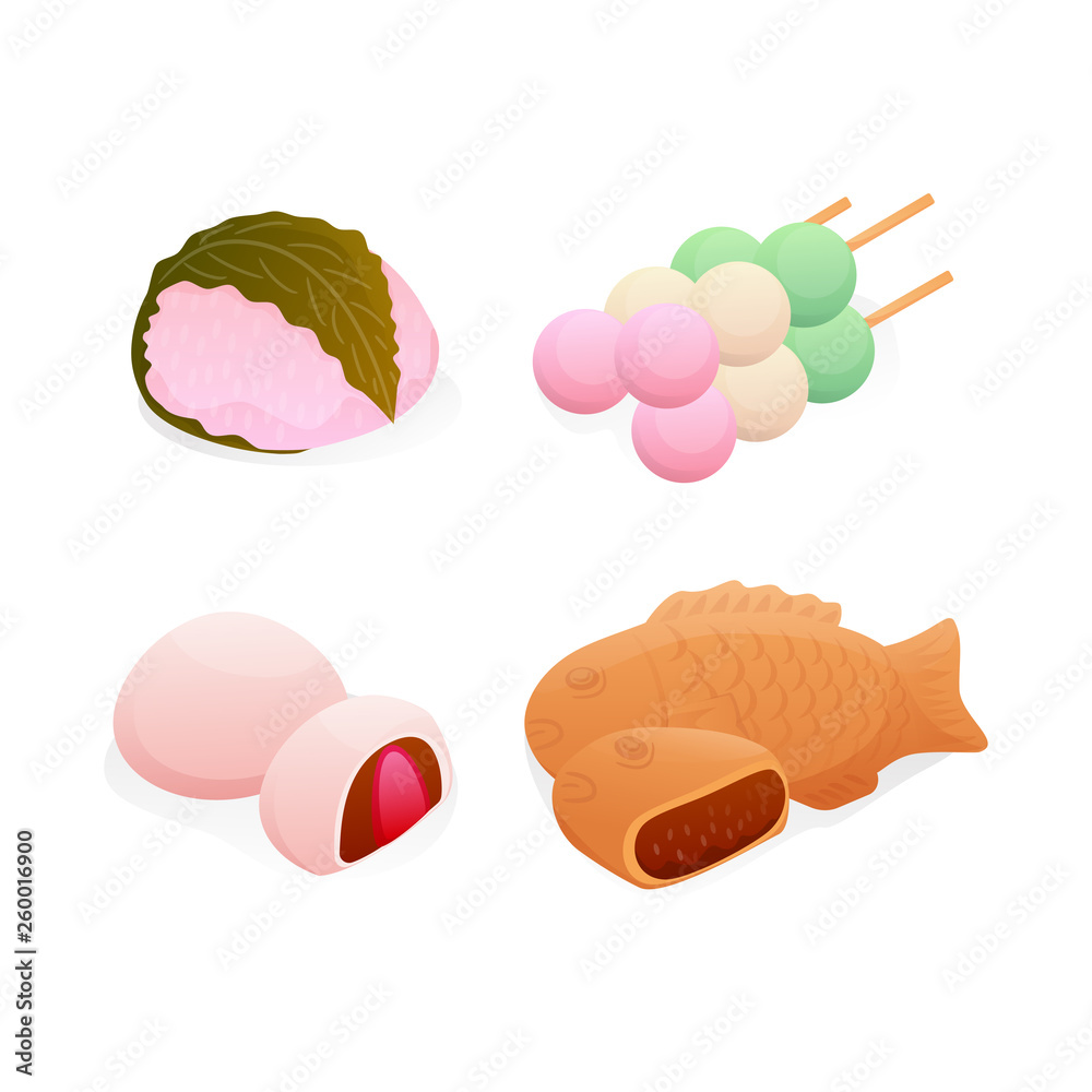 Set Isometric Japanese Sweet Dessert, Spring Seasonal Food Vector Illustration Set Isometric Japanese Sweet Dessert, Spring Seasonal Food Vector Illustration