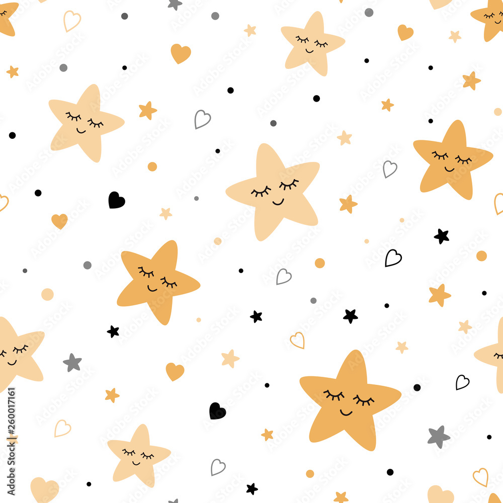 Seamless cute children pattern with gold smiling stars Kids texture