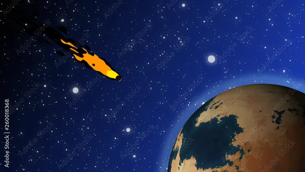 Animated motion graphic of flaming comet heading toward rotating planet earth across starry night sky.
