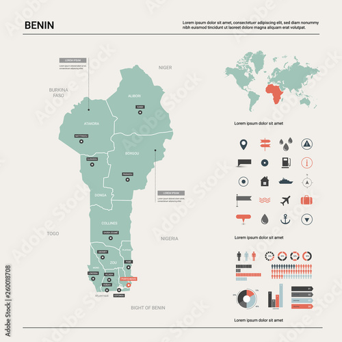 Vector map of Benin.  High detailed country map with division, cities and capital  Porto Novo. Political map,  world map, infographic elements.