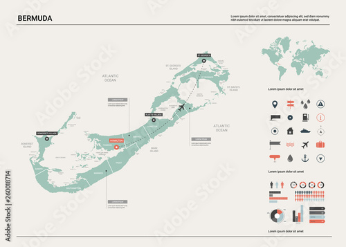 Vector map of Bermuda.  High detailed country map with division, cities and capital Hamilton. Political map,  world map, infographic elements.