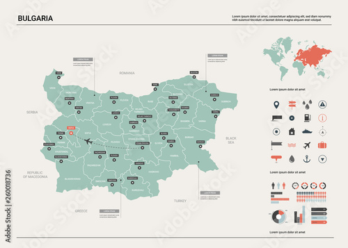 Vector map of Bulgaria . High detailed country map with division, cities and capital Sofia. Political map, world map, infographic elements.