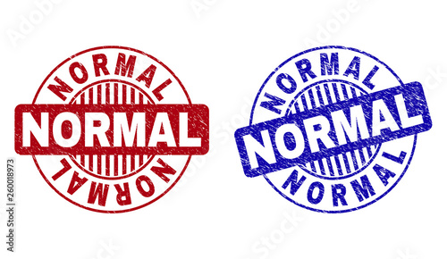Grunge NORMAL round stamp seals isolated on a white background. Round seals with grunge texture in red and blue colors. Vector rubber imprint of NORMAL tag inside circle form with stripes.