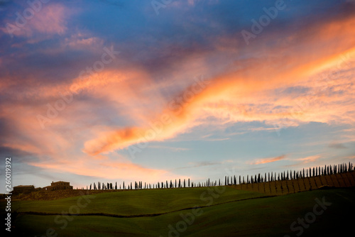 Tuscan hill with row of cypress trees and farmhouse ruin at sunset. Tuscan landscape. Italy