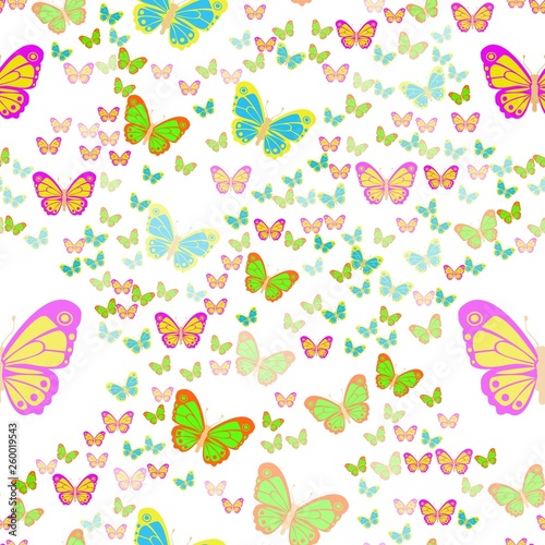 Several beautiful multicolored butterflies on the background. Seamless Wallpaper pattern.  The ability to stretch to any size in all directions without loss of quality.  Vector illustration. 