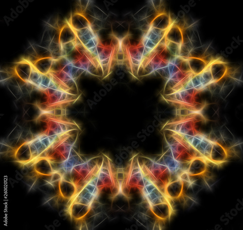 Decorative mandala with gloving linear lines on abstract background.