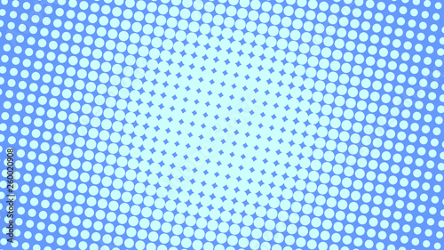 Blue pop art background in comics style with halftone dots design, vintage kitsch vector backdrop with isolated dots