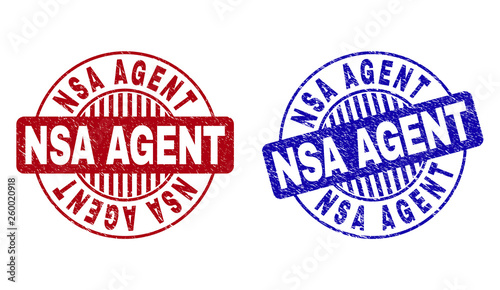 Grunge NSA AGENT round stamp seals isolated on a white background. Round seals with grunge texture in red and blue colors. Vector rubber watermark of NSA AGENT label inside circle form with stripes.