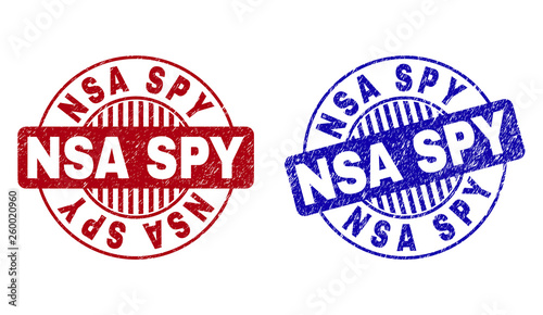 Grunge NSA SPY round stamp seals isolated on a white background. Round seals with grunge texture in red and blue colors. Vector rubber overlay of NSA SPY label inside circle form with stripes.