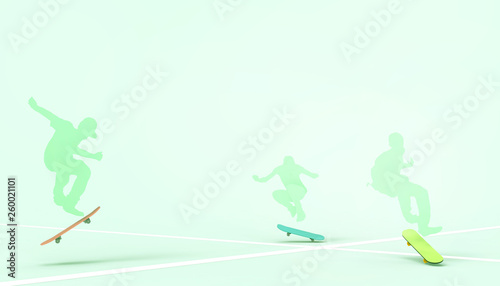 Skateboard silhouettes drawing style of hipster and Freestyle Extreme Sports Concept on pastel Green background and Summer- holidays - Illustrations Art