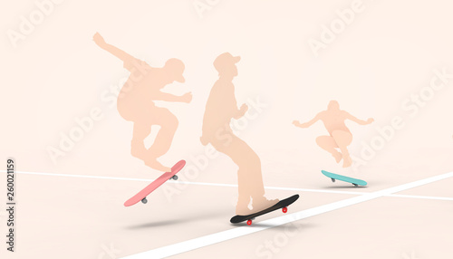 Skateboard silhouettes drawing style of hipster and Freestyle Extreme Sports Concept  on pastel Pink  background - Illustrations Art