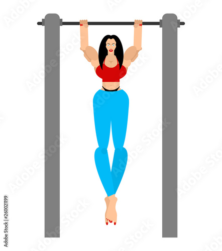 Fitness woman on horizontal bar. Pull up girl street workout. Sport illustration cartoon style