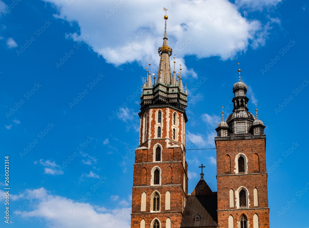 Towers of St. Mary's Church on the Main Square in Krakow, Poland
