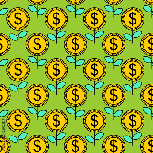 Money flower pattern seamless. Dollar sprout background. Grow wealth. Coin Field texture