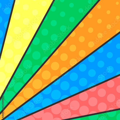 Colorful strip pop art background in comics style with halftone dots design, vintage kitsch vector backdrop with isolated dots