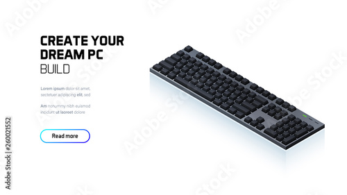 Computer keyboard 3d realistic isometric illustration, personal computer hardware components, custom gaming and workstation accessories, pc store and service