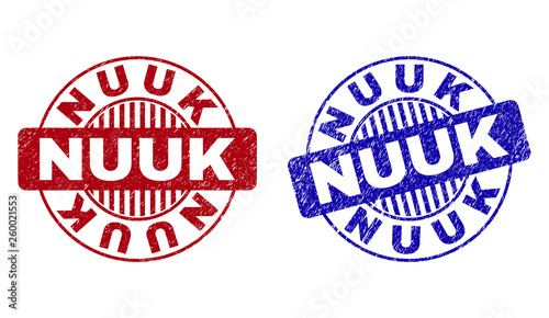 Grunge NUUK round stamp seals isolated on a white background. Round seals with grunge texture in red and blue colors. Vector rubber imprint of NUUK caption inside circle form with stripes.