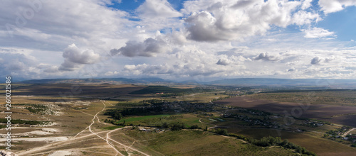 View of the valley from the mountain AK-Kaya White rock in the Crimea. Two-shot panorama