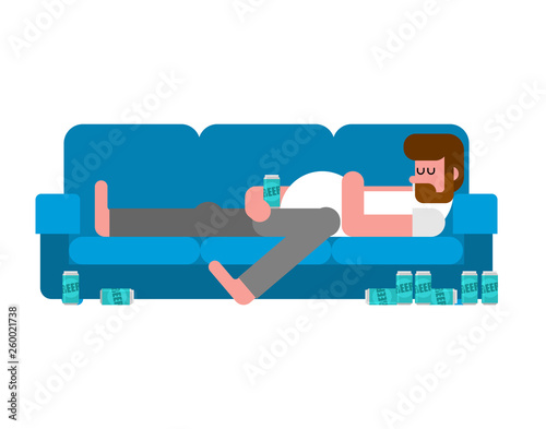 Lazy man lying on couch drinking beer. indolent person guy is lying on sofa