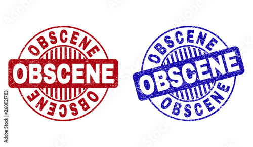 Grunge OBSCENE round stamp seals isolated on a white background. Round seals with grunge texture in red and blue colors. Vector rubber watermark of OBSCENE title inside circle form with stripes.