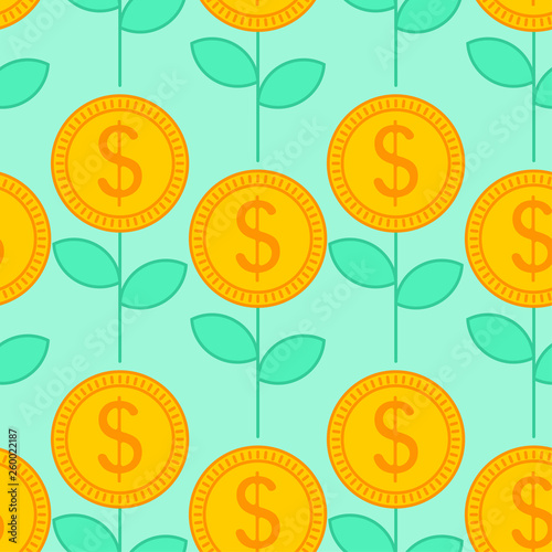 Money flower pattern seamless. Dollar sprout background. Grow wealth. Coin Field texture