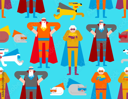 Superhero grandparents and pet pattern seamless. Super grandparent in Cloak and mask. Superpowers cat and dog background. Grandfather and grandmother Cartoon style vector jrnament