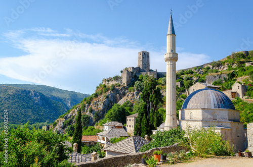 view on mosque in Počitelj village in Bosnia and Herzegovina