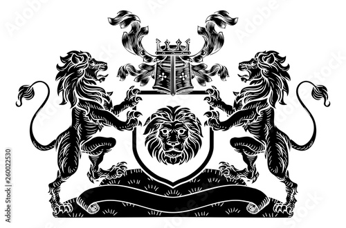 A medieval heraldic coat of arms emblem featuring lion supporters flanking a shield charge with knights helmet great helm and crown crest and filigree leaf mantling in a vintage retro woodblock style.