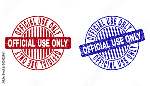 Grunge OFFICIAL USE ONLY round stamp seals isolated on a white background. Round seals with grunge texture in red and blue colors.