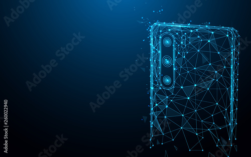 Close up of mobile phone camera from lines, triangles and particle style design. Illustration vector