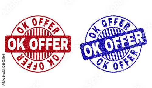 Grunge OK OFFER round stamp seals isolated on a white background. Round seals with grunge texture in red and blue colors. Vector rubber watermark of OK OFFER caption inside circle form with stripes.