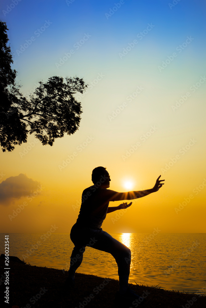 Martial arts master practising Kung Fu under sunrise at seaside