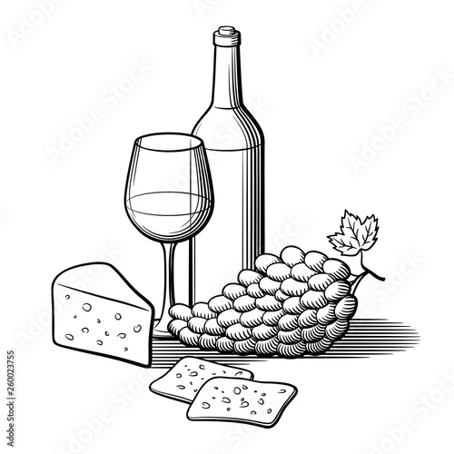 Black and white retro style hand drawn vector illustration. Bottle of wine, wineglass, bunch of grapes and sliced cheese.