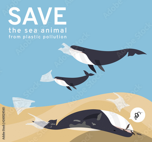 Vector images reflect current social problems, Marine pollution Whales eat plastic bags and garbage in the sea, causing many animals die. the illustration of dead whales stranded on the beach