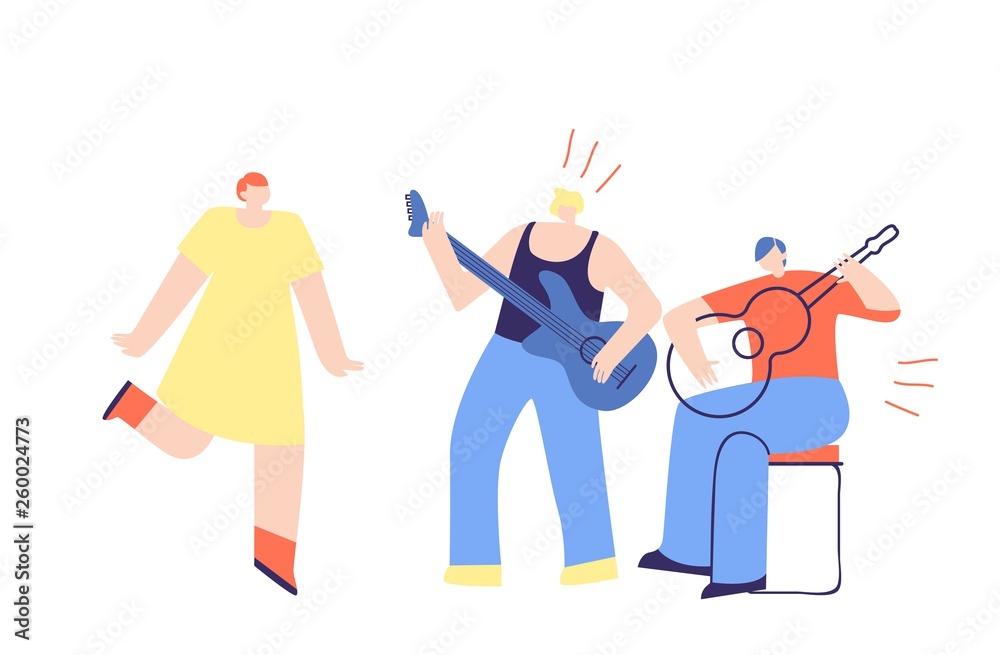 Boys Band Playing Guitar Music People Flat Vector