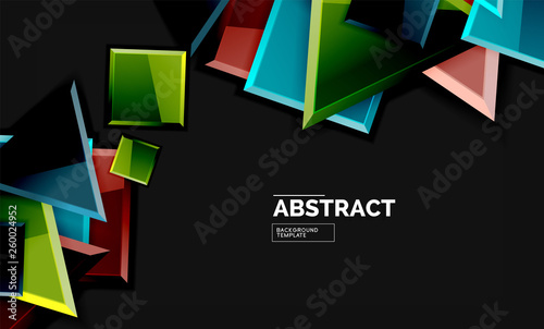 Glossy mosaic style geometric shapes - squares and triangles on black