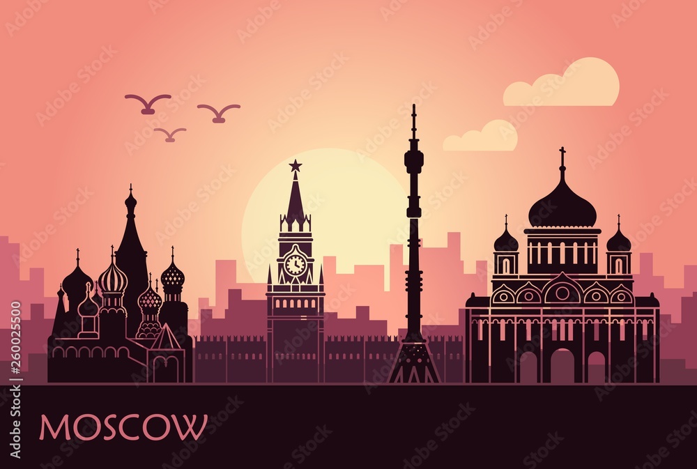 Abstract landscape of Moscow with sights at sunset