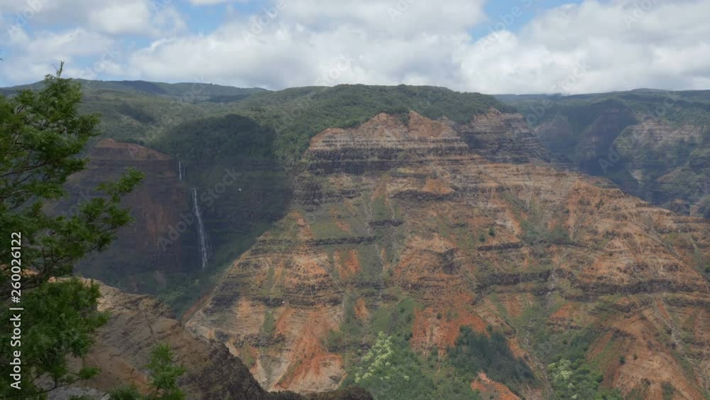 Locked down view of Waipoo Falls in Waimea Canyon on Kauai, Hawaii, as a helicopter flys away from the waterfall.