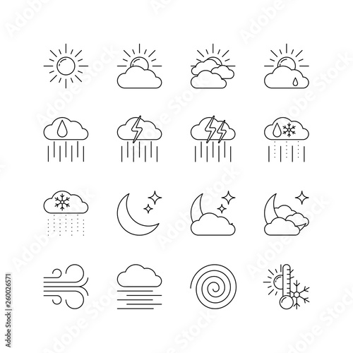 Weather forecast line icons set. 16 symbols isolated on white background. Vector illustration EPS10.
