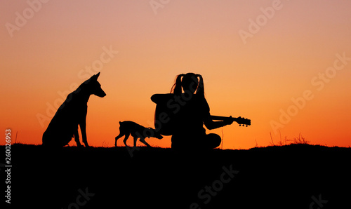 Silhouette girl guitarist on a sunset background, silhouettes of dogs of breed Belgian Shepherd Malinois and miniature pinscher, happy friends, outdoor