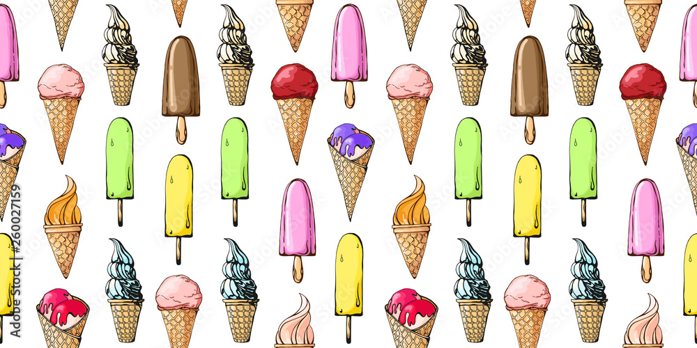 Seamless pattern with color sketch of ice cream.