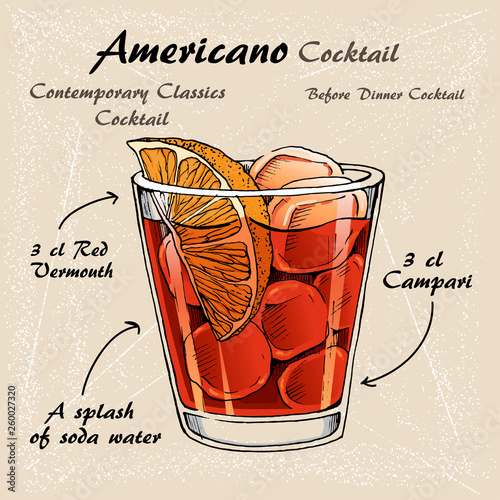 Vector illustration of alcoholic cocktail americano sketch